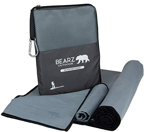 BEARZ Outdoor Mikrofaser Handtuch Set (120x60cm & Klein Gesichtshandtuch) - Leicht Strandhandtuch, Schnelltrocknend Reisehandtuch Sporthandtuch - Microfaser Handtücher für Camping Fitness, Grau