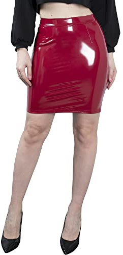 NewL Sexy Donne Lucido Wetlook PU Gonna in Pelle Aderente Donna Vita Alta Sottile Hip Matita Minigonne Rave Partito Polo Dance Clubwear, Red, XL