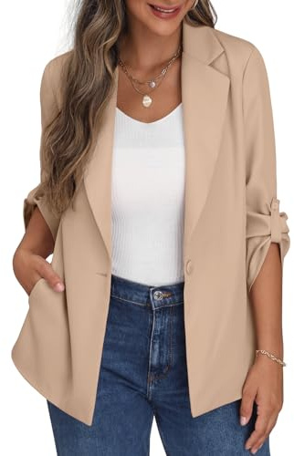 PrinStory Blazer för dam, öppen framsida, cardigan, justerbar ärm, blazer, jacka med knappfickor, Aprikos, 8-10