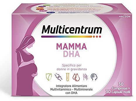 Multicentrum Mamma DHA, Integratore Multivitaminico specifico per la donna in gravidanza, con Acido Folico, Ferro, Vitamina C, D, B12, DHA, 30 Compresse + 30 capsule molli
