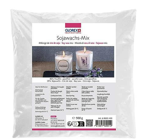 GLOREX 6 8603 401 - Mezcla de cera de soja, 500 g, mezcla de cera lista para usar, se quema de color blanco cálido, de combustión, punto de fusión 54 °C, para hacer velas