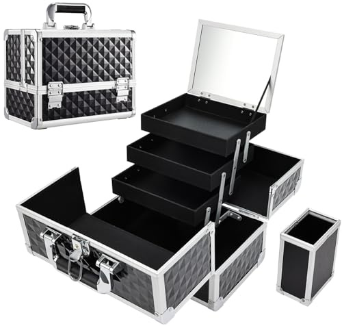 Mallette de maquillage professionnelle à 3 plateaux avec miroir - Boîte de rangement pour cosmétiques avec verrous et support pour pinceaux de maquillage - Noir, Noir