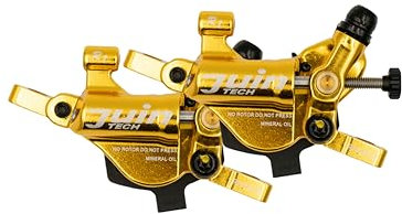 Juin JuinTECH R1 Hybrid Hydraulic Disc Brake Set: Front & Rear Cable-Actuated Post Mount Calipers for Road & Cyclocross (CX), Works with Mechanical STI, Incl. 160mm Rotors, Tool-Free Adjust (Gold)