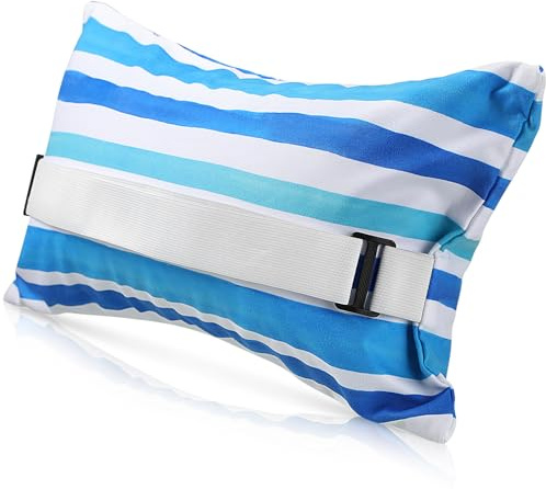 Menkxi 1 Pack 17x10 Inflatable Beach Pillow with Removable Cover, Beach Chair Backpacking Pillow with Strap Stripe for Summer Sand Pools Travel Vacations(Blue White)