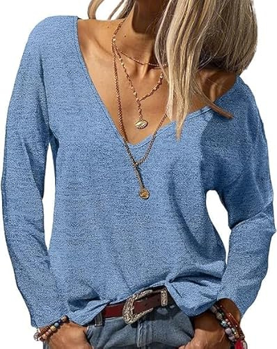 Fisoew Damen Langarmshirt Sexy V-Ausschnitt Longshirt | Oversize,Basic,Loose,Oberteile,Tiefer Ausschnitt Longsleeve,Sweashirt,Tunika