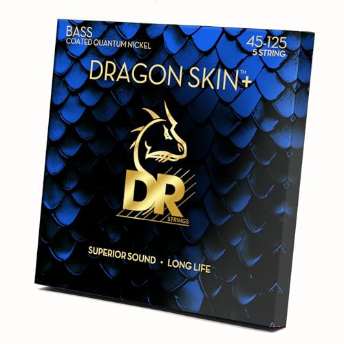 DR Strings DRAGON SKIN+ (DBQ5-45) – Saiten für E-Bass, 5-Saiter Set, Quantum Nickel, Round Core, Medium 45-125 - Handgefertigt in den USA