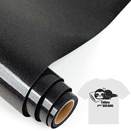 IModeur Glitter Black Iron on Vinyl — 30.5 x 153 cm Heat Transfer Vinyl for Fabric, PET Backing HTV Roll for T-Shirts, Clothes, Hats, Bags and Other Textiles, Easy to Weed