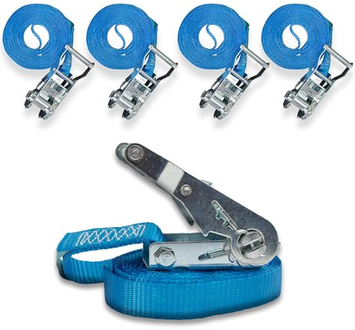 4er Set Spanngurt mit Stabiler Druckratsche,einteilig, zum Umreifen, DoZurr 1000, belastbar bis 1000 kg, 25 mm breit x 4 m lang, blau