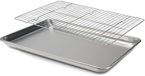 Teglia da forno con griglia refrigerante, 46 x 33 cm, in alluminio e griglia in acciaio inox, ideale per biscotti, pane e molto altro ancora