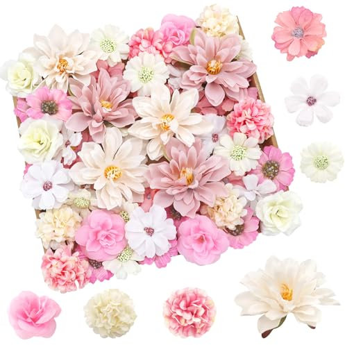 YSUVIN 50 Piezas Flores de Tela, 10 Tipos Diferentes de Flores Artificiales, Flor Artificial para Tarta Boda Fiesta Disfraces Hogar Guirnalda Decoración Pared, Rosa y Blanco