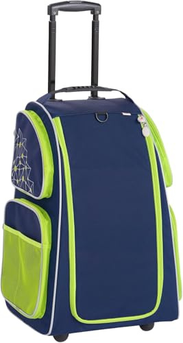 HABA 2012725001 Valise à roulettes pour Enfant en Polyester recyclé avec Sac à Linge Sale, 3 étagères Amovibles et 4 Poches extérieures zippées Bleu foncé