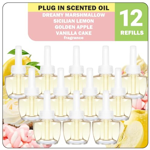 SCENTORINI Doftoljeflaska, påfyllning, kompatibel med Air Wick och Glade doftplugg, 12 x 19 ml, drömmande marshmallow, siciliansk citron, gyllene äpple, vaniljkaka, rumsdoft, luftfräschare