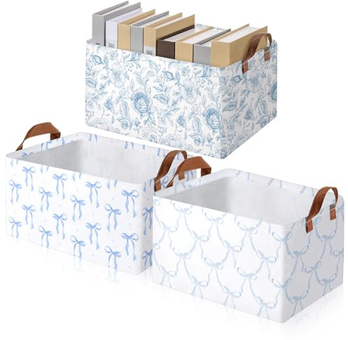 Boao 3 Pcs Blue Bow Storage Bin Collapsible Large Storage Baskets for Gifts Empty Candy Holiday Decor Canvas Laundry Basket Foldable Box with Handle for Office Home Bedroom Clothes