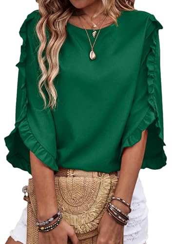 EVALESS Blouses for Women Dressy Casual Crewneck Ruffle 3/4 Length Sleeve Womens Tops Fashion 2026 Spring Summer Outfits Business Work Tops Dark Green Medium