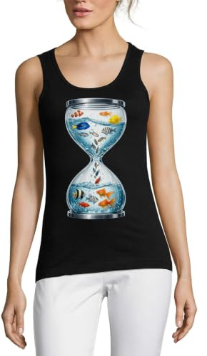Färgglad fisk som flyter genom timglas dam bomull linne t-shirt svart