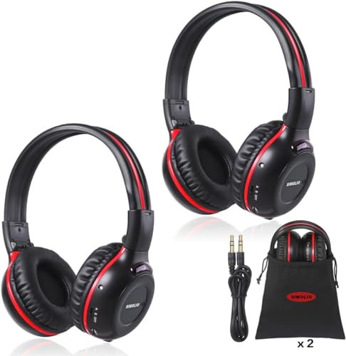 SIMOLIO 2 Paquet de Deux Canaux Infrarouge Casque pour Les Enfants Garçons Filles, Portable Durable Réglable Écouteur sans Fil IR pour Lecteur DVD Voiture Véhicule, Cordon AUX, Sac Transport, SM-561B2