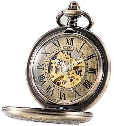 TREEWETO Unisex Taschenuhr mit Kette Analog Handaufzug Antik Skelett Lupe Bronze