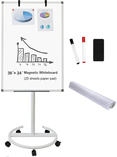 BIBOC Mobile Dry Erase Board – 36x24 inches Magnetic Portable Whiteboard Stand Adjustable Easel White Board Flipchart Easel Board with 25 Sheets Paper Pad 1 Eraser, 2Markers (24x 36 inches)