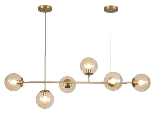 KCO Lámpara de araña lineal de 6 luces de cristal ámbar, lámpara colgante dorada para isla de cocina, iluminación larga de latón Sputnik, lámpara de techo para comedor