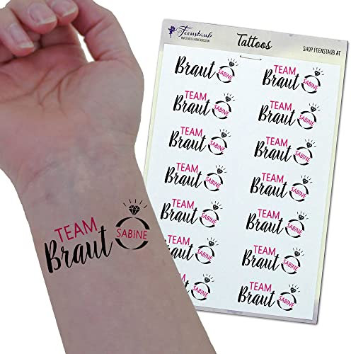 FEENSTAUB Tattoo Junggesellinnenabschied Team Braut, temporäre Klebetattoos für einen JGA mit Brautnamen personalisierbar, Tattoos Junggesellenabschied Frauen, JGA Tattoo Team Bride