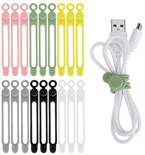 ASTER Lot de 18 attaches de câble en silicone, mignonnes et élégantes, trou rond, design boucle, vert matcha, gris, noir, blanc, rose, jaune
