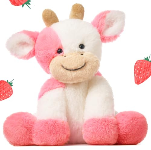 Hopearl Adorable Plush Cow Toy Floppy Dairy Cattle Soft Stuffed Animal Cute Birthday Gifts for Boys Girls Kids Toddlers, Strawberry Pink, 9''