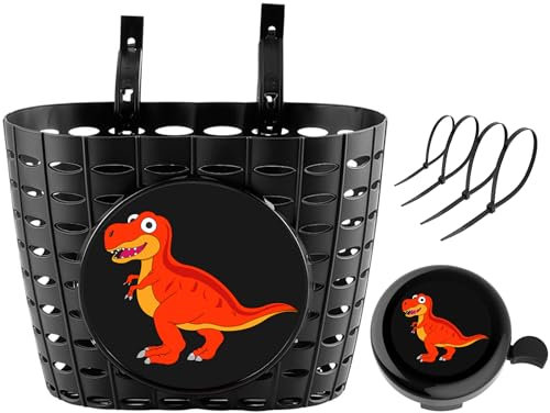 YeloYolker Boys Bike Basket with Bell, Cute Dinosaur Bicycle Basket for kids, Toddlers, Plastic Front Handlebar Basket for Scooter, Tricycle(T-Rex)
