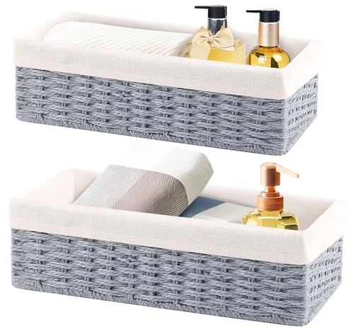 OUTBROS Set de 2 Paniers de Rangement, Boite Tressés en Osier, Corbeille Osier Décoratifs avec Doublure, Pour Chambre, Salle de Bain, Bureau, Corde de Papier, Gris, STB201-ZG