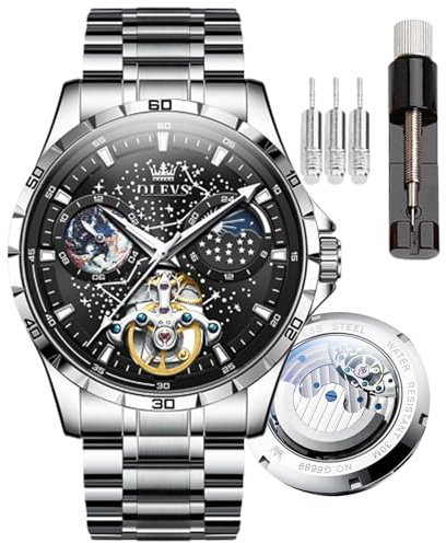 OLEVS Mens Automatic Watches Starry Sky Skeleton Tourbillon Self Winding Mechanical Wrist Watch，Waterproof and Luminous Stainless Steel Precision Watch Strap (6689-Black dial Steel Strip)