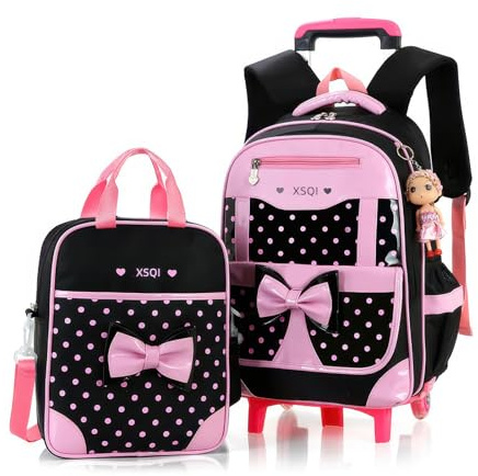 Voici et Voila Sac Trolley Filles Scolaires Sac à Dos Filles Roulette Sac Scolaire Fille Primaire Trolley Bag Cartable roulettes Ecolier Scolaire Noir 6 Roues 30x18x45CM