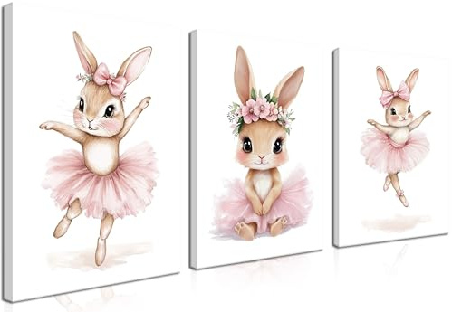 Decorazione per cameretta per bambine, set di 3 tele per parete con dipinti pasquali, carini poster di coniglietti rosa per la camera dei ragazzi e delle ragazze, decorazione per camera da letto