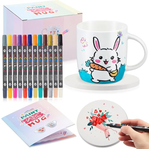 Sinmoe Weihnachten Keramik Tasse Bemalen Set Enthält Blanko Sublimation Tasse Untersetzer und 12 Stifte mit 24 Farben Keramik Becher Malset Kreativ Basteln Geschenk für Erwachsene (Klassisch)