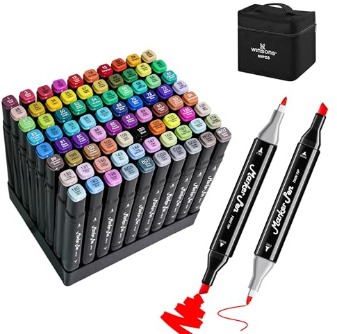 WINSONS Alkohol Marker 80 Farben, Ungiftig, Schnell Trocknend Permanent Marker, Doppelte Spitze, Perfekt für Malen, Design, Markieren