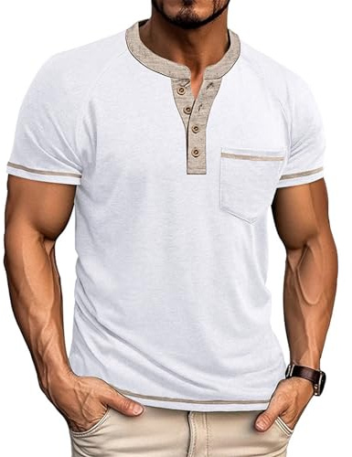 Haut Homme Henley D'été à Col Tunisien Henley col Bouton Ouvert en Coton Col en V Hauts Chemise Slim Fit Grandes Tailles Patte Léger Respirant Tees T-Shirt Fonctionnel Sport