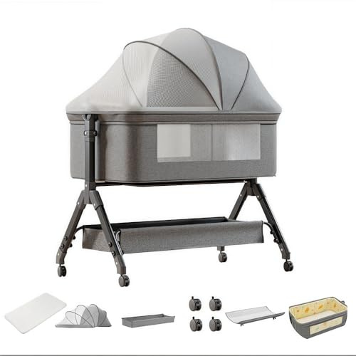 Dziranam Beistellbett Baby,3 in 1 Babybett,Höhenverstellug und Einstellung der Neigung der Matratze,4 Räder mit Bremse,mit Zubehör,Tasche,Moskitonetz(Grey)