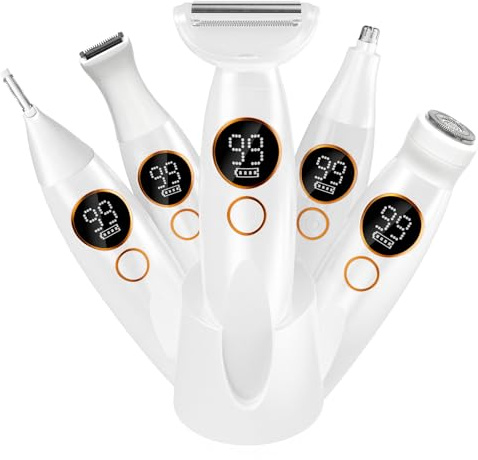 Rasierer Damen Elektrisch 5 IN 1, Intimrasierer für Frauen, Gesichtshaarentferner für Frauen mit USB-Ladestation, IPX7 Wasserdicht Damenrasierer Elektrisch für Intimbereich, Körper, Augenbrauen, Nase