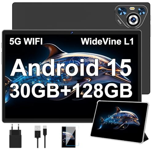 Dghrti 2026 Tablette Tactile Android 15 10 Pouces, Écran IPS HD, 30Go RAM et 128Go + Extensible 2To, Octo-Core et 8000mAh, WiFi 6, Widevine L1-5+8MP - Châssis en métal - Tablet avec étui - Noir