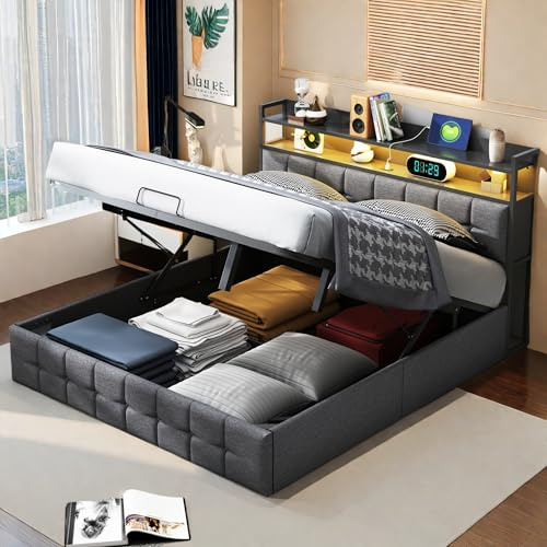 Dormely Lit LED 140x190 avec Ports USB, Cadre de lit Rembourré avec Sommiers à Lattes et Rangement Hydraulique, Gris Lin Lit Coffre capitonné pour Adulte & Adolescent, sans Matelas