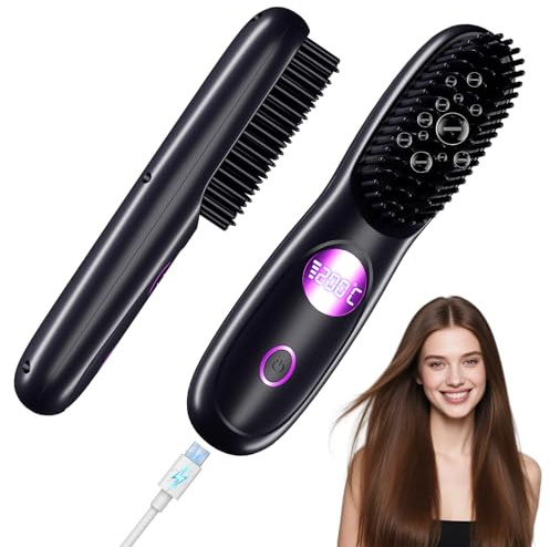 Cordless Hair Straightener Brush, Portable Rechargeable Heated Hair Brush for Short & Long Hair, 3 Temps Fast Heating, Precise LCD Temperature Control, Touch Up On-The-Go, for All Hair Types