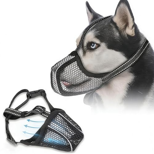 AEMCHDM Bozal Perro Ajustable y Transpirable, Bozal Anti Ingestas Reflectante para Evitar Masticar y Comer Objetos, Bozal de Malla Suave para Perros Medianos y Grandes M