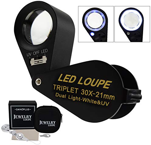 30x Magnifier Jewelry Loupe LED UV 21mm Achromatic Triplet Lens Optical Glass Pocket Gem Magnifying Tool Jeweler, Stamp Philatelist, Coin Numismatic