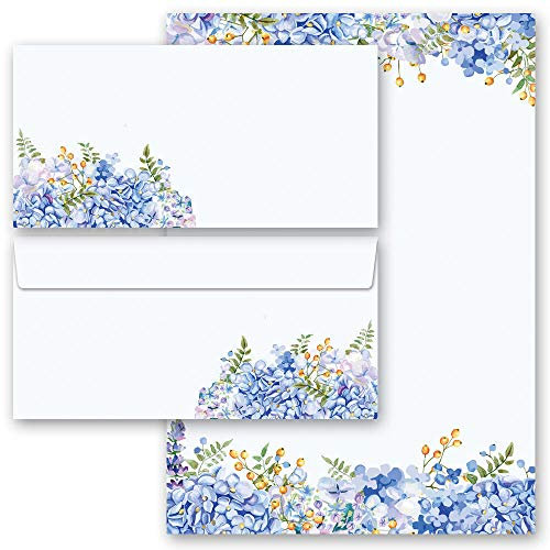Briefpapier Sets Blumen & Blüten, BLAUE HORTENSIEN 10 Blatt Briefpapier + 10 passende Briefumschläge DIN LANG ohne Fenster | Paper-Media