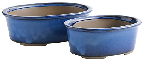 Wazakura Banko Series Lot de 2 Pots à Bonsaï Faits à la Main avec Trous de Drainage, Fabriqués au Japon, en Céramique, Vase Ovale Décoratif, Bol pour Plantes d'Intérieur – Bleu
