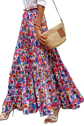 EARKOHA Womens Casual High Waist Tiered Paisley Print Long Maxi Skirt with Pockets Floral Abstract L, Floral Abstract, L