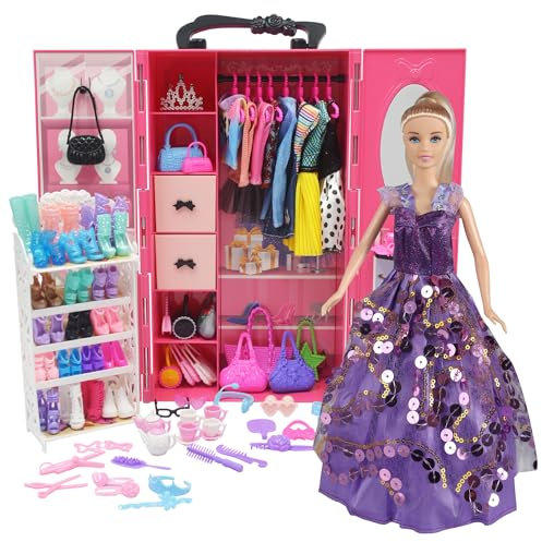 161 Stück 11,5-Zoll-Puppenschrank für Mädchen mit Kleidung und Zubehör, einschließlich Kleiderschrank, Schuhständer, Kleidung, Kleid, Badeanzüge, Schuhe, Kleiderbügel, Krone, Halskette
