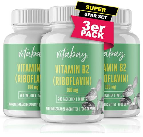 Vitabay Vitamin B2 (Riboflavin) | 600 vegane Tabletten (3er Set) | Hochdosiert mit 100 mg | Laborgeprüft & hergestellt aus hochwertigen Rohstoffen