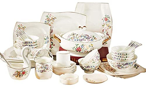Service de Table, 50 pièces en céramique, Assiettes à Motifs de Fleurs colorées, Bols combinés, Ensembles de dîner en Porcelaine Tendre