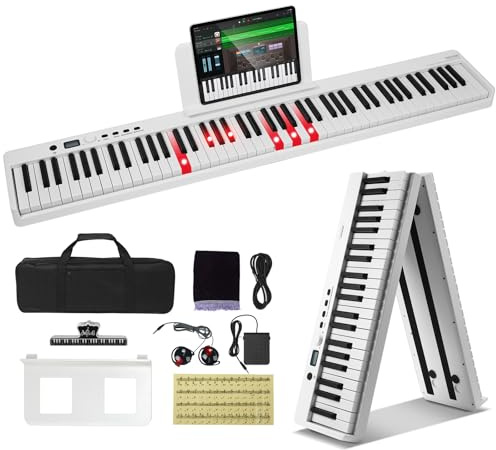 VEVOR E Piano 88 Tasten Faltbares Digital Piano Bluetooth MIDI tragbares elektronisches digitales Klappklavier mit Sustain-Pedaltasche berührungsempfindlichen Tasten Kopfhörern wiederaufladbar weiß