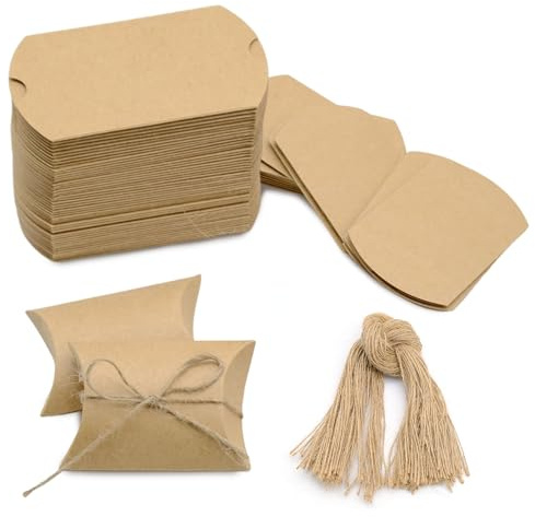 Mritrit 100 Piezas Cajas para Regalos de Dulces, Cajas Almohada de Kraft Vintage con Cordel, Cajas de Regalo de Papel Kraft Pequeñas para Bodas, Cumpleaños, Navidad, Baby Shower