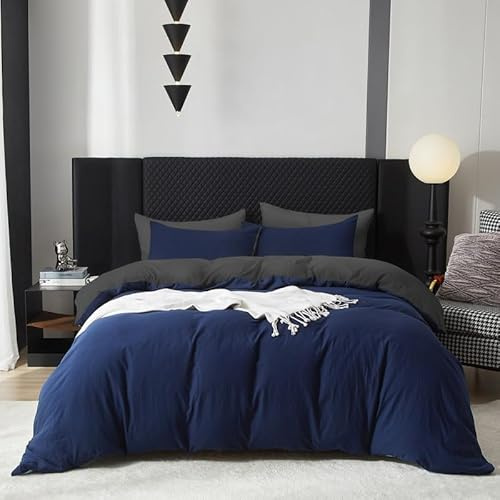 Gezu Coton Sets de Housse de Couette 220x240 cm Bleu Marine Parure de Lit Coton Haut Gamme Plissé Adulte 2 Personnes Moderne Doux Linge de Lit avec 2 Taies d'oreiller 65x65cm avec Fermeture Éclair